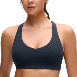 CRZ YOGA Butterluxe Racerback Sports Bras for Women – V Neck Supportive Padded Wireless Athletic Yoga Crop Top(True Navy)