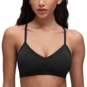 CRZ YOGA Butterluxe Ruched Sports Bras for Women – V Neck Spaghetti Thin Strap Y Back Wireless Padded Yoga Crop Top(Black)