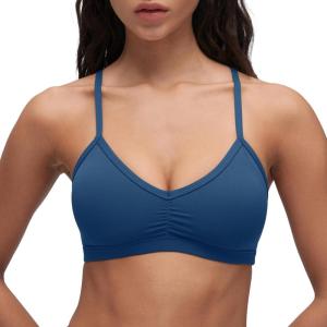 CRZ YOGA Butterluxe Ruched Sports Bras for Women – V Neck Spaghetti Thin Strap Y Back Wireless Padded Yoga Crop Top(French Navy)
