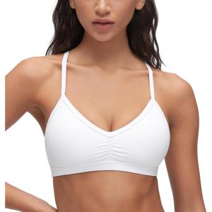 CRZ YOGA Butterluxe Ruched Sports Bras for Women – V Neck Spaghetti Thin Strap Y Back Wireless Padded Yoga Crop Top(White)