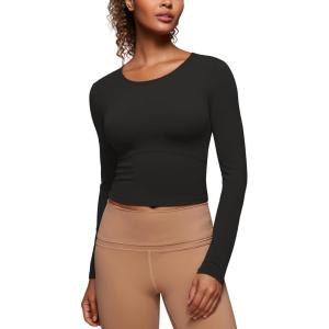 CRZ YOGA Butterluxe Scoop Neck Long Sleeve Shirts for Women – Workout Athletic Casual Tops Crop Slim Basic Tight Shirt(Black)