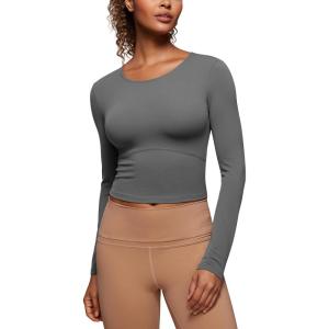 CRZ YOGA Butterluxe Scoop Neck Long Sleeve Shirts for Women – Workout Athletic Casual Tops Crop Slim Basic Tight Shirt(Lava Smoke Grey)