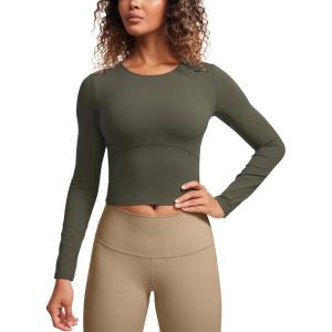 CRZ YOGA Butterluxe Scoop Neck Long Sleeve Shirts for Women – Workout Athletic Casual Tops Crop Slim Basic Tight Shirt(Light Army Green)