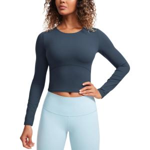 CRZ YOGA Butterluxe Scoop Neck Long Sleeve Shirts for Women – Workout Athletic Casual Tops Crop Slim Basic Tight Shirt(Stelindigo)