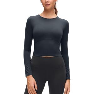 CRZ YOGA Butterluxe Scoop Neck Long Sleeve Shirts for Women – Workout Athletic Casual Tops Crop Slim Basic Tight Shirt(True Navy)