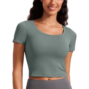 CRZ YOGA Butterluxe Short Sleeve Shirts for Women Scoop Neck Casual Crop Tops Workout Yoga Basic Slim Fit T-Shirts(Grey Sage)
