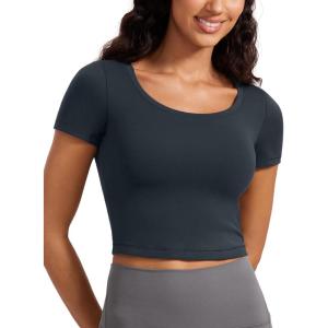 CRZ YOGA Butterluxe Short Sleeve Shirts for Women Scoop Neck Casual Crop Tops Workout Yoga Basic Slim Fit T-Shirts(True Navy)