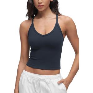 CRZ YOGA Butterluxe Soft Double Lined V Neck Tank Tops for Women – Yoga Casual Camisole Racerback Tight Sleeveless Shirt(True Navy)