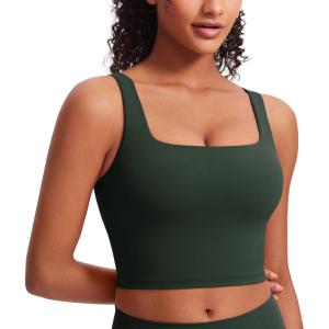 CRZ YOGA Butterluxe Square Neck Crop Tank Tops for Women – Workout Longline Sports Bras Padded Yoga Camisole(Legend Green)