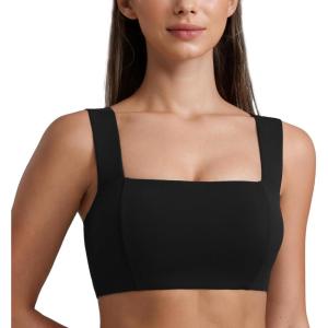 CRZ YOGA Butterluxe Wide Straps Sports Bras for Women – Square Neck Padded Open Back Camisole Yoga Crop Top(Black)