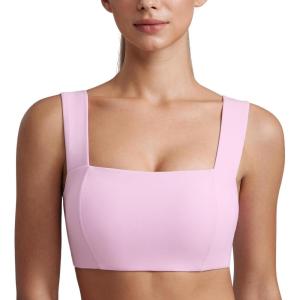 CRZ YOGA Butterluxe Wide Straps Sports Bras for Women – Square Neck Padded Open Back Camisole Yoga Crop Top(Vita Pink)