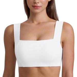 CRZ YOGA Butterluxe Wide Straps Sports Bras for Women – Square Neck Padded Open Back Camisole Yoga Crop Top(White)