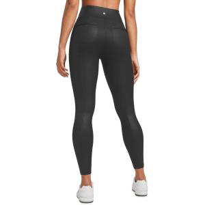 CRZ YOGA Butterluxe Women Matte Faux Leather Leggings with Back Pockets 25″ – High Waist Stretch Pleather Pants Tights(Black Foil Pattern)