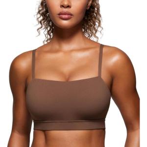 CRZ YOGA Butterluxe Womens Adjustable Spaghetti Thin Strap Sports Bra – Padded Wireless Square Neck Workout Yoga Clothes(Coffee Brown)