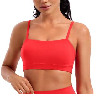 CRZ YOGA Butterluxe Womens Adjustable Spaghetti Thin Strap Sports Bra – Padded Wireless Square Neck Workout Yoga Clothes(Deep Red)