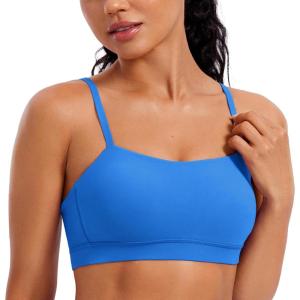CRZ YOGA Butterluxe Womens Adjustable Spaghetti Thin Strap Sports Bra – Padded Wireless Square Neck Workout Yoga Clothes(Sparkle Blue)