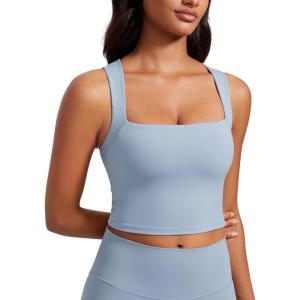 CRZ YOGA Butterluxe Womens Longline Square Neck Sports Bras – Basic Crop Tank Yoga Workout Tops with Built in Pads(Cambric Blue)