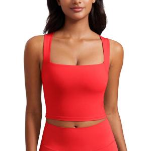CRZ YOGA Butterluxe Womens Longline Square Neck Sports Bras – Basic Crop Tank Yoga Workout Tops with Built in Pads(Deep Red)