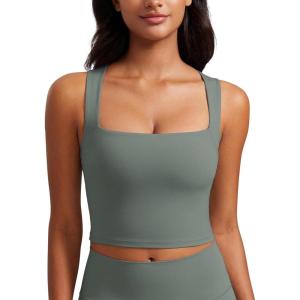 CRZ YOGA Butterluxe Womens Longline Square Neck Sports Bras – Basic Crop Tank Yoga Workout Tops with Built in Pads(Grey Sage)