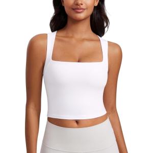 CRZ YOGA Butterluxe Womens Longline Square Neck Sports Bras – Basic Crop Tank Yoga Workout Tops with Built in Pads(White)