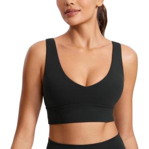 CRZ YOGA Butterluxe Womens V-Neck Longline Sports Bra – Wireless U-Shaped Open Back Yoga Low Impact Padded Crop Top(Black)