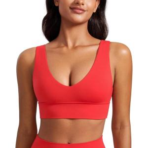 CRZ YOGA Butterluxe Womens V-Neck Longline Sports Bra – Wireless U-Shaped Open Back Yoga Low Impact Padded Crop Top(Deep Red)