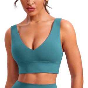 CRZ YOGA Butterluxe Womens V-Neck Longline Sports Bra – Wireless U-Shaped Open Back Yoga Low Impact Padded Crop Top(Green Jade)