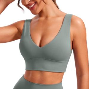 CRZ YOGA Butterluxe Womens V-Neck Longline Sports Bra – Wireless U-Shaped Open Back Yoga Low Impact Padded Crop Top(Grey Sage)