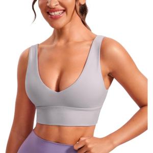 CRZ YOGA Butterluxe Womens V-Neck Longline Sports Bra – Wireless U-Shaped Open Back Yoga Low Impact Padded Crop Top(Gull Gray)