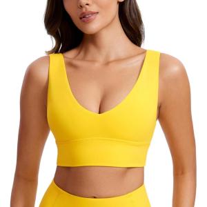 CRZ YOGA Butterluxe Womens V-Neck Longline Sports Bra – Wireless U-Shaped Open Back Yoga Low Impact Padded Crop Top(High Visibility Yellow)