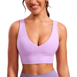 CRZ YOGA Butterluxe Womens V-Neck Longline Sports Bra – Wireless U-Shaped Open Back Yoga Low Impact Padded Crop Top(Lilac)