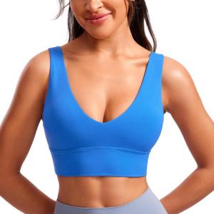 CRZ YOGA Butterluxe Womens V-Neck Longline Sports Bra – Wireless U-Shaped Open Back Yoga Low Impact Padded Crop Top(Sparkle Blue)