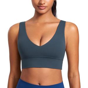 CRZ YOGA Butterluxe Womens V-Neck Longline Sports Bra – Wireless U-Shaped Open Back Yoga Low Impact Padded Crop Top(Stelindigo)