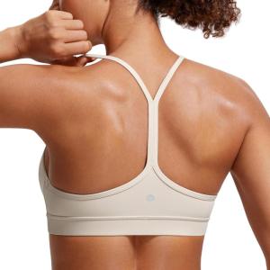CRZ YOGA Butterluxe Y Back Sports Bras for Women – Padded Racerback Low Impact Spaghetti Thin Strap Workout Yoga Top(Mojave Tan)