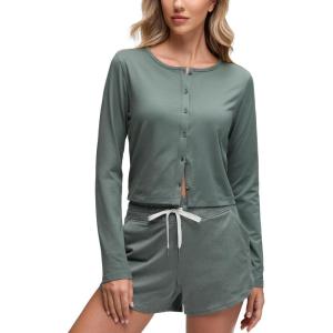 CRZ YOGA Cloud Jersey Lightweight Crewneck Cardigan for Women Soft Knit Button Down Shirts Casual Long Sleeve Fall Tops(Grey Sage)