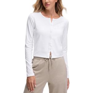 CRZ YOGA Cloud Jersey Lightweight Crewneck Cardigan for Women Soft Knit Button Down Shirts Casual Long Sleeve Fall Tops(White)