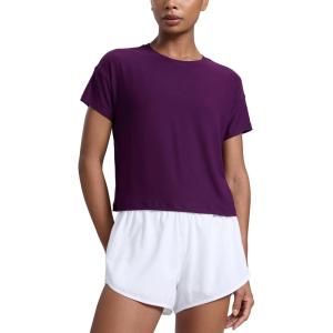 CRZ YOGA Cloudweight High Neck Workout Tops for Women Basic Athletic Lightweight Short Sleeve Shirts Loose Running T-Shirt(Plum Magenta)