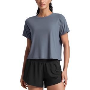 CRZ YOGA Cloudweight High Neck Workout Tops for Women Basic Athletic Lightweight Short Sleeve Shirts Loose Running T-Shirt(Solar Grey)