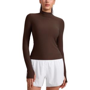 CRZ YOGA Cloudweight Mock Neck Shirts for Women – Workout Athletic Long Sleeve Tops Lightweight Soft Hip T-Shirt(Coffee Brown)