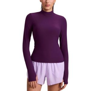 CRZ YOGA Cloudweight Mock Neck Shirts for Women – Workout Athletic Long Sleeve Tops Lightweight Soft Hip T-Shirt(Plum Magenta)