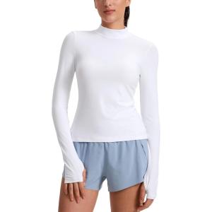 CRZ YOGA Cloudweight Mock Neck Shirts for Women – Workout Athletic Long Sleeve Tops Lightweight Soft Hip T-Shirt(White)