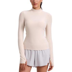 CRZ YOGA Cloudweight Mock Neck Shirts for Women – Workout Athletic Long Sleeve Tops Lightweight Soft Hip T-Shirt(White Opal)