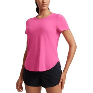 CRZ YOGA Cloudweight Workout Tops for Women Lightweight Athletic Short Sleeve Shirts Gym Running Side Slit T-Shirts(Magenta)