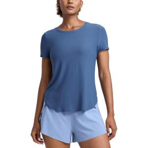 CRZ YOGA Cloudweight Workout Tops for Women Lightweight Athletic Short Sleeve Shirts Gym Running Side Slit T-Shirts(Pitch Blue)