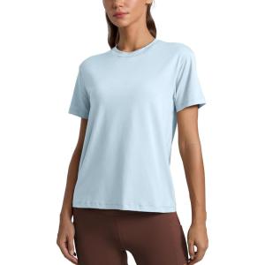 CRZ YOGA Cotton-Blend Crewneck Tops for Women – Workout Gym Athletic Casual Short Sleeve Shirts Quick Dry Basic T-Shirt(Blue Linen)