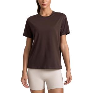 CRZ YOGA Cotton-Blend Crewneck Tops for Women – Workout Gym Athletic Casual Short Sleeve Shirts Quick Dry Basic T-Shirt(Hot Fudge Brown)
