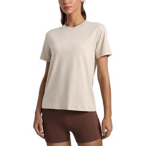 CRZ YOGA Cotton-Blend Crewneck Tops for Women – Workout Gym Athletic Casual Short Sleeve Shirts Quick Dry Basic T-Shirt(Mojave Tan)