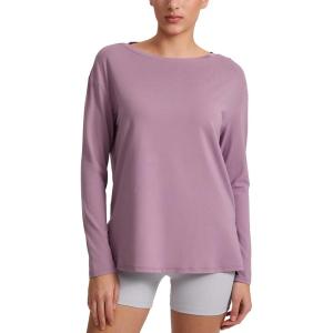 CRZ YOGA Cotton-Blend Long Sleeve Shirts for Women – Boat Neck Workout Athletic Casual Going Out Tops Soft Fall T-Shirt(Light Lavender)