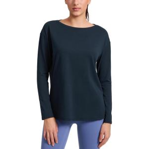 CRZ YOGA Cotton-Blend Long Sleeve Shirts for Women – Boat Neck Workout Athletic Casual Going Out Tops Soft Fall T-Shirt(True Navy)