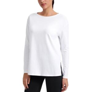 CRZ YOGA Cotton-Blend Long Sleeve Shirts for Women – Boat Neck Workout Athletic Casual Going Out Tops Soft Fall T-Shirt(White)